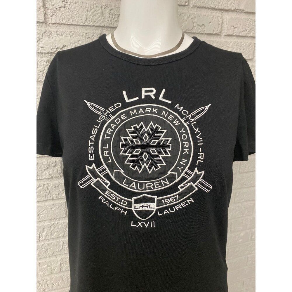 Ralph Lauren Women Black Beaded embroidered Graphic Short Sleeve Top Size L - Picture 2 of 9